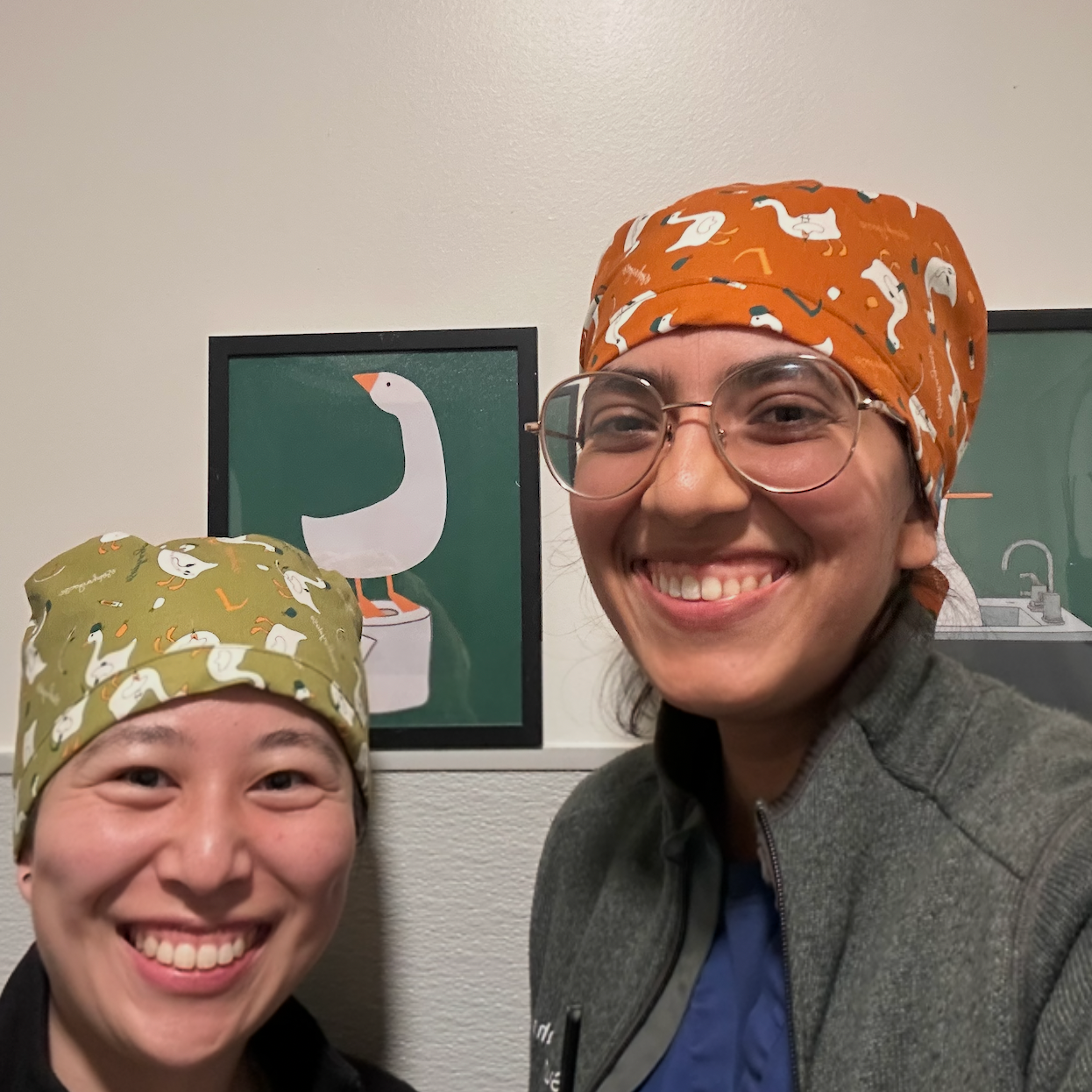 Two people wearing patterned scrub caps smiling in front of a wall with a framed picture of a goose.