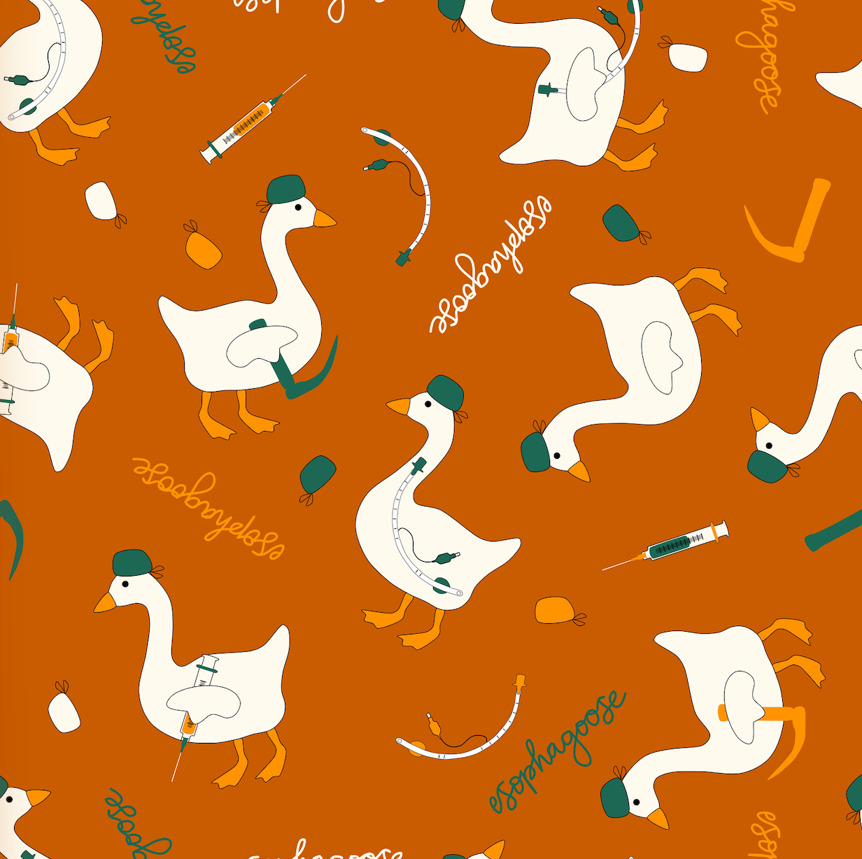 Pattern of cartoon geese and medical equipment on a reddish brown background