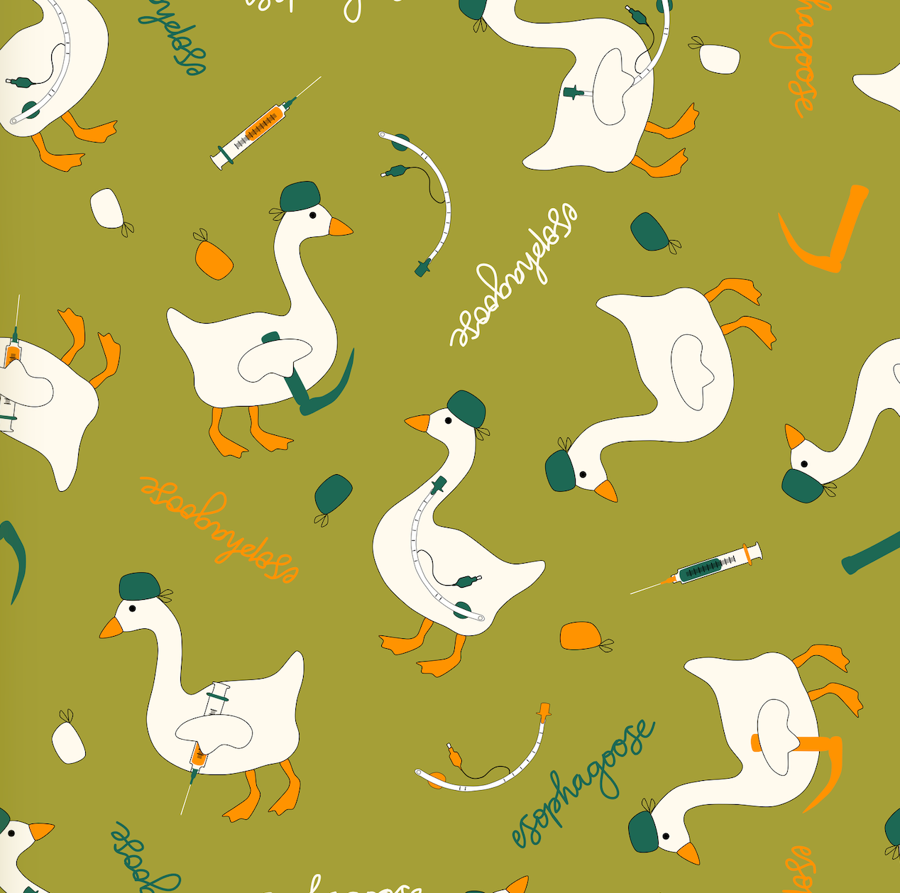 Pattern of cartoon geese with medical equipment on a green background