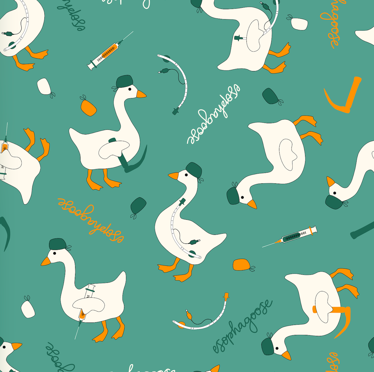 Pattern of cartoon geese with medical equipment on a teal background